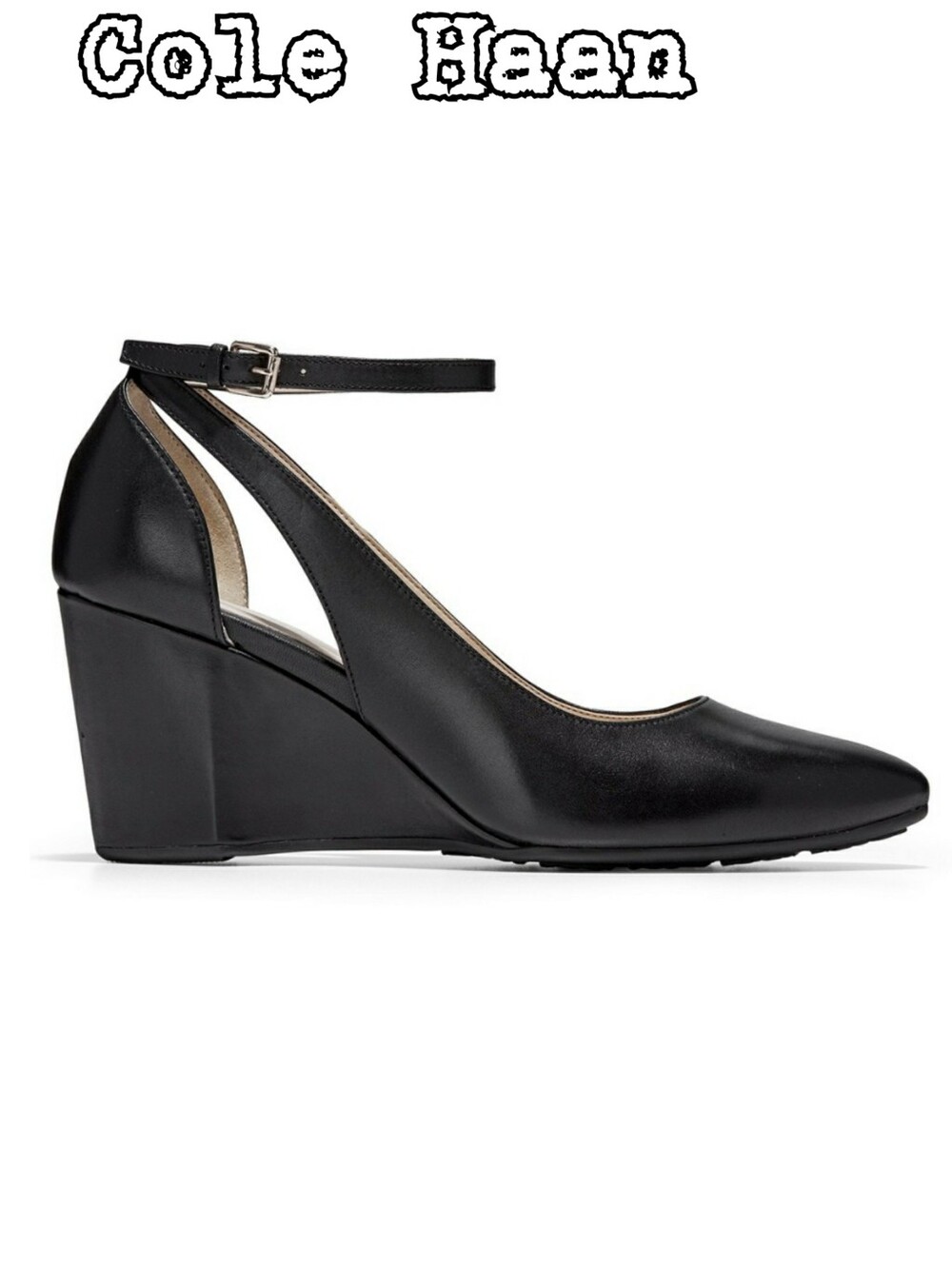 Cole Haan Black Leather Ankle-Strap Wedge Heels